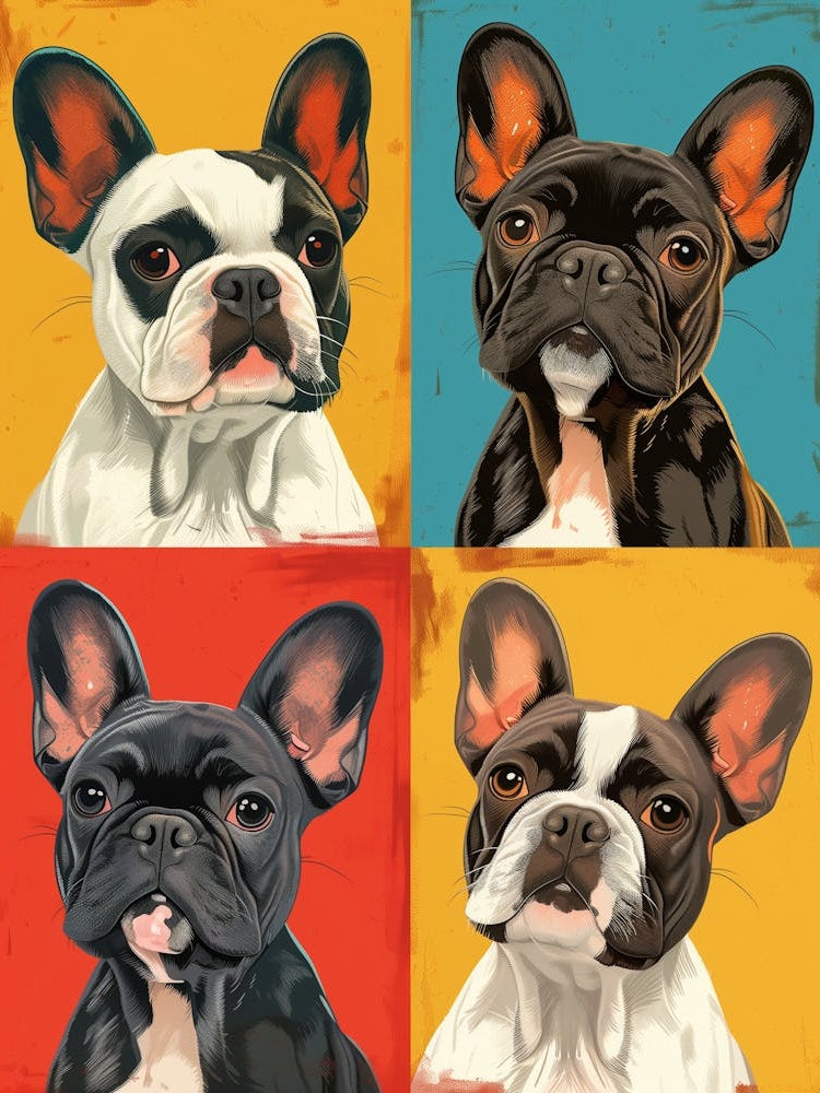 Fluffy Cartoon French Bulldogs Drawing, White Background In Different Color Squares 1