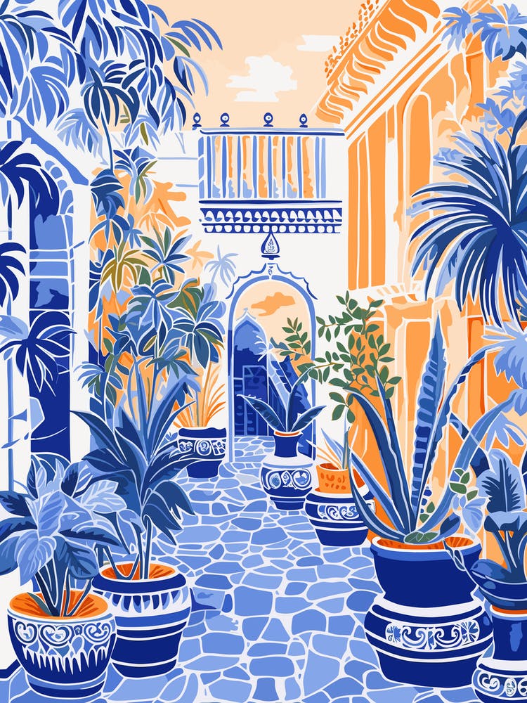 Jardin Majorelle Morocco Modern Blue Illustration 4 Living Room Art print