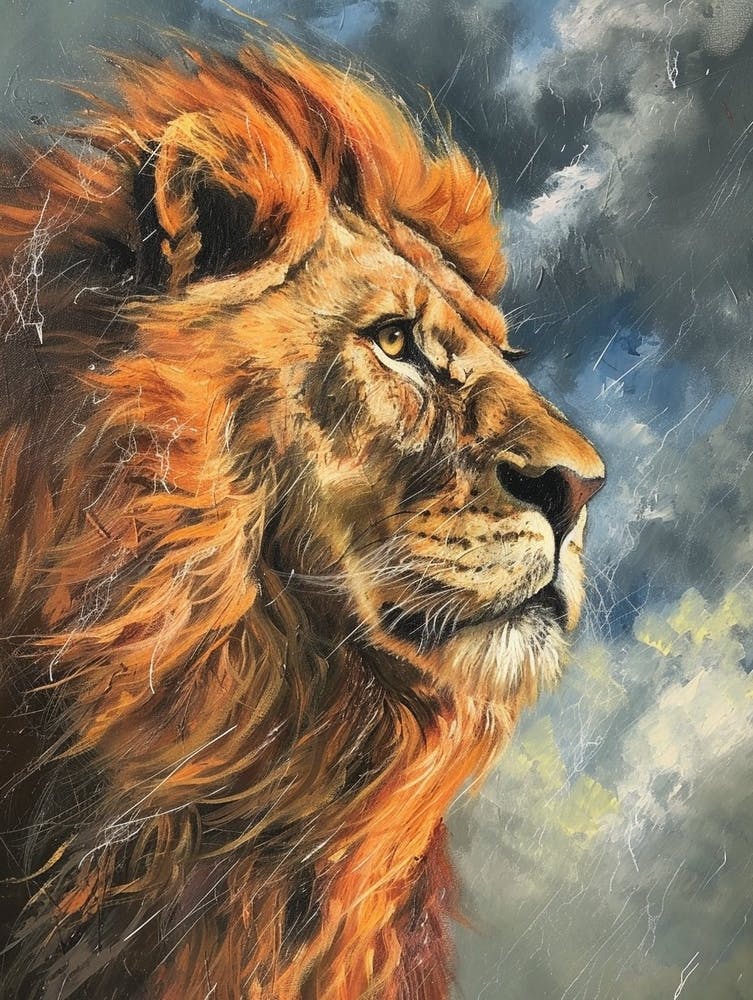 African Lion Facing A Storm Acrylic Painting 1