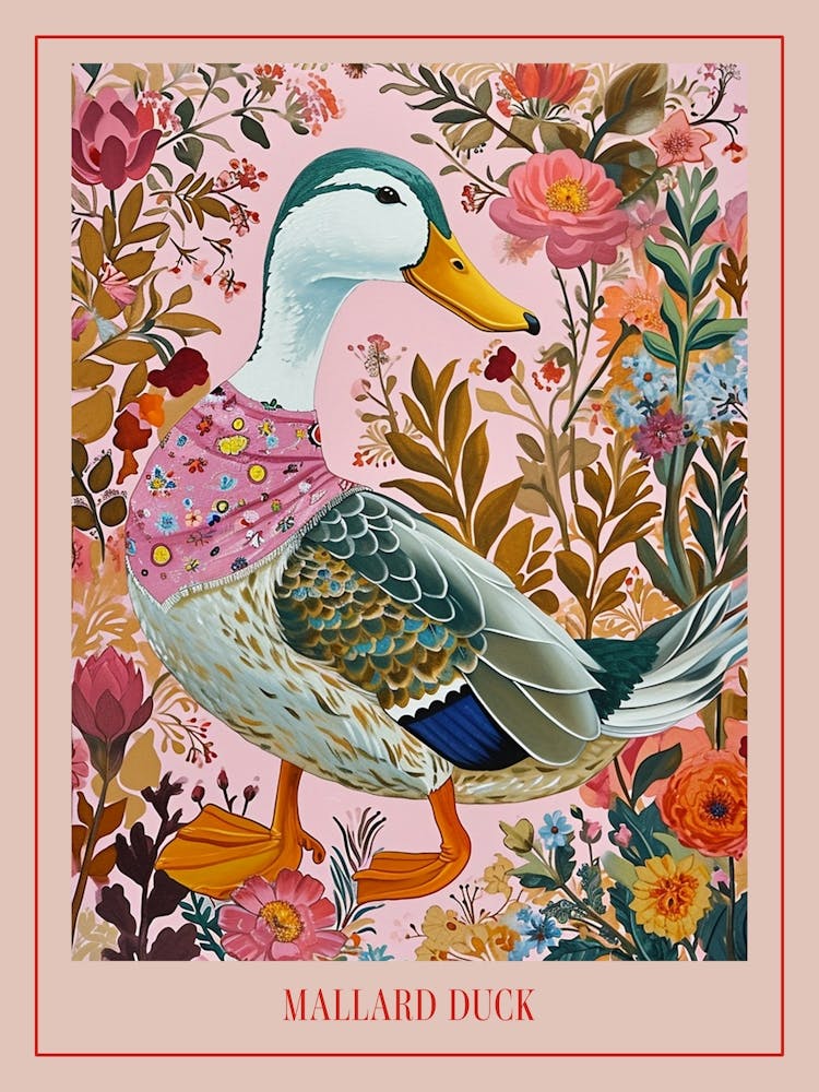 Floral Animal Painting Mallard Duck 4 Poster