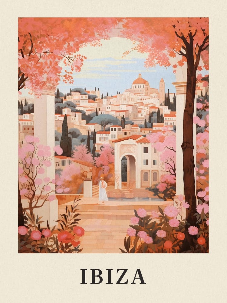 Ibiza Spain 1 Vintage Pink Travel Illustration Poster