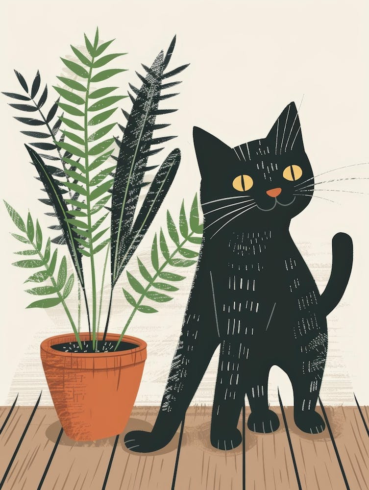 Black Cat With Plant