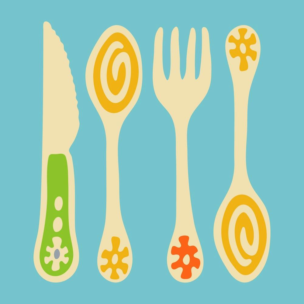 CUTLERY Pop Art Utensils Knife Spoon Fork in Vintage Retro Green Yellow Orange on Blue Kitchen