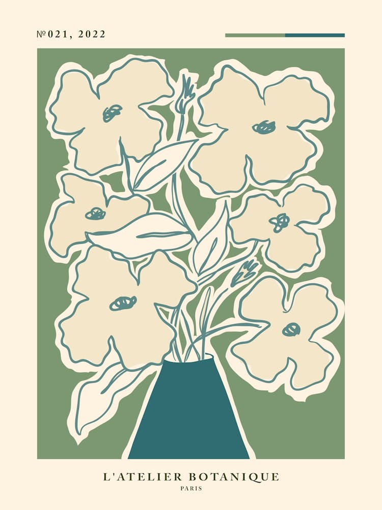 Abstract flowers in a vase, Sage green, Flower market Paris, Neutral retro print