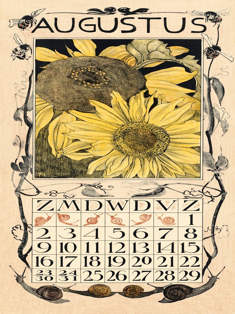 August Calendar Sheet With Sunflowers (1902), Theo Van Hoytema