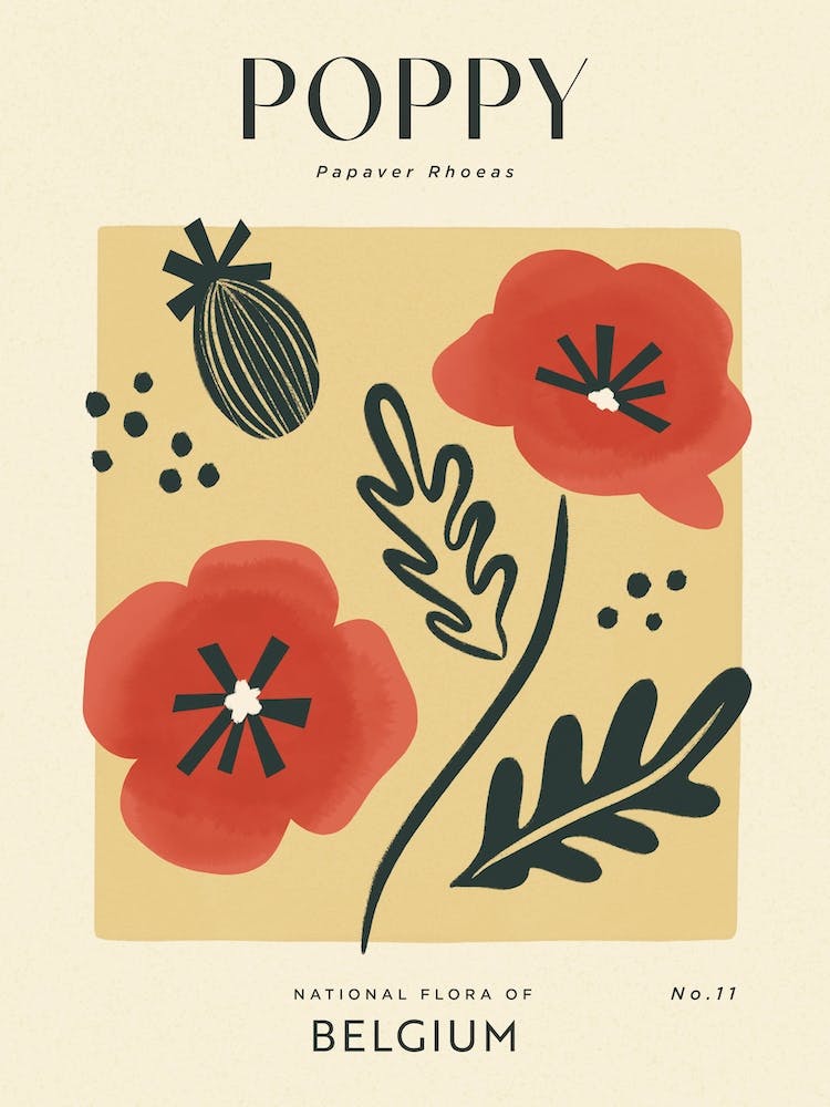 Vintage Yellow And Red Poppy Flower Of Belgium