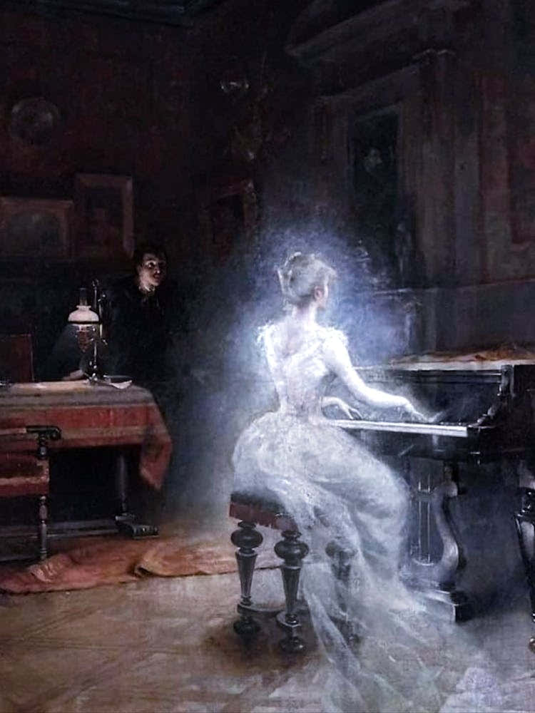 Spirit at the Piano 1885 by George Roux - A Ghostly Apparition Victorian Spectral Art For Gallery or Feature Wall Decor Iconic Famous Oil Painting of Gentleman and Lady in Stately Home HD Remastered High Resolution
