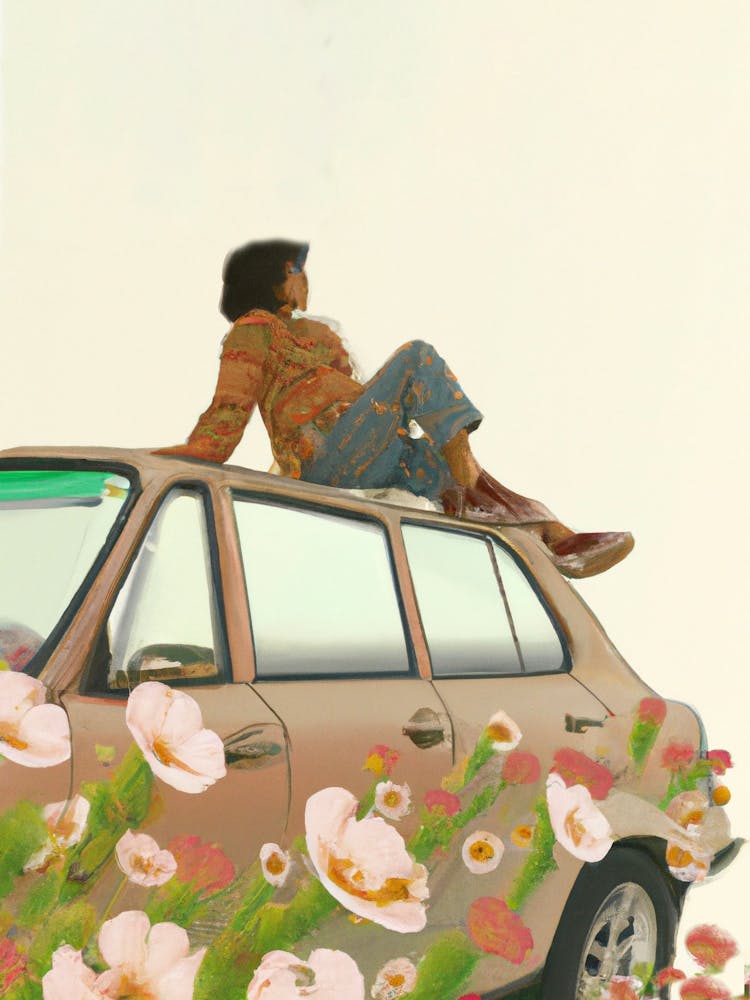 Woman Sitting On Brown Car Roof With Flowers