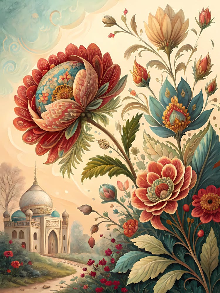 Indian-Inspired Floral Motifs Oil Painting Style
