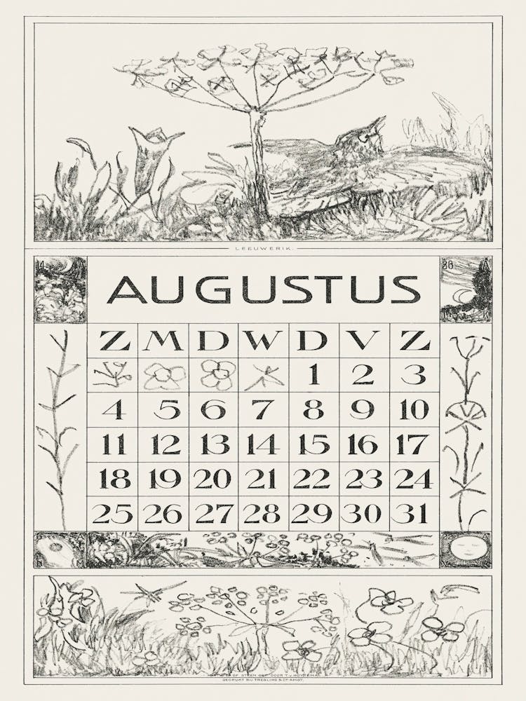 Page de Calendrier d'Août Avec Alouette et Fleur (1917), Theo Van Hoytema
