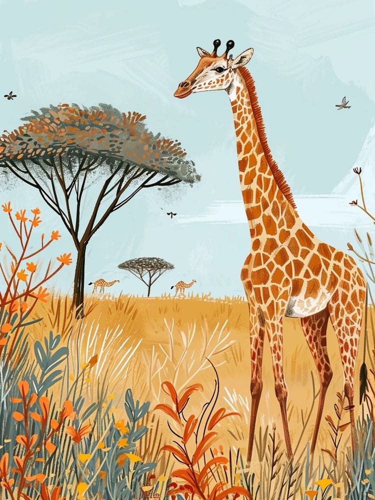 Giraffe By The Baobab Tree Modern Illustration