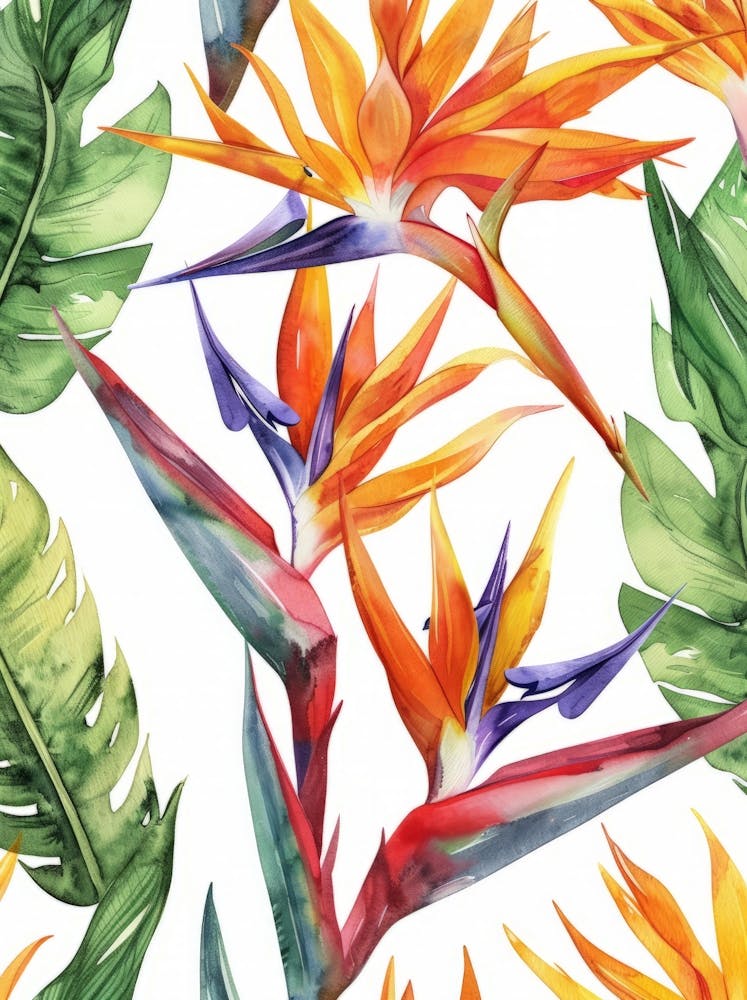 Bird Of Paradise Watercolor Seamless Pattern