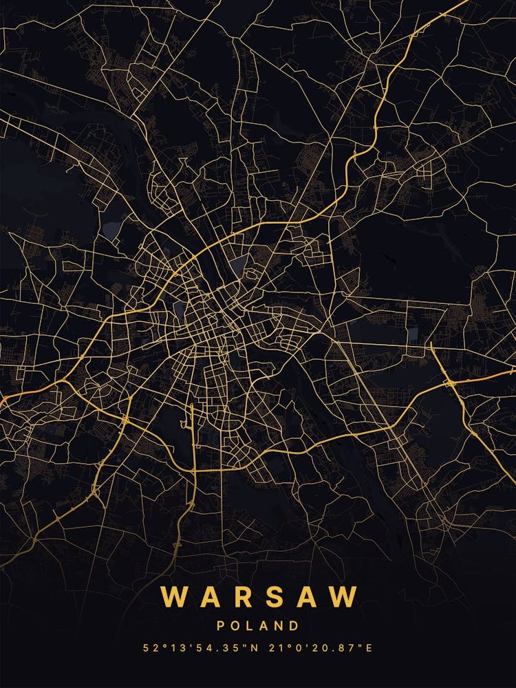 Warsaw Poland Black And Gold Map