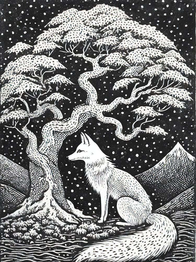 A Mystical Scene Featuring A White Fox Under A Sacred Tree