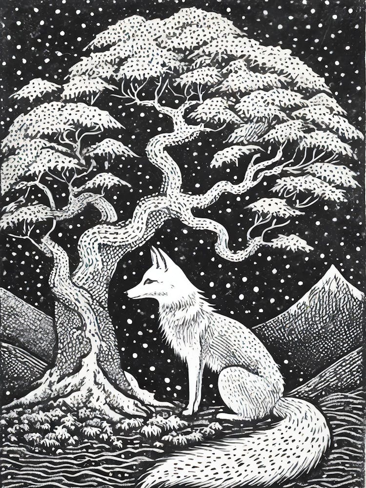A Mystical Scene Featuring A White Fox Under A Sacred Tree