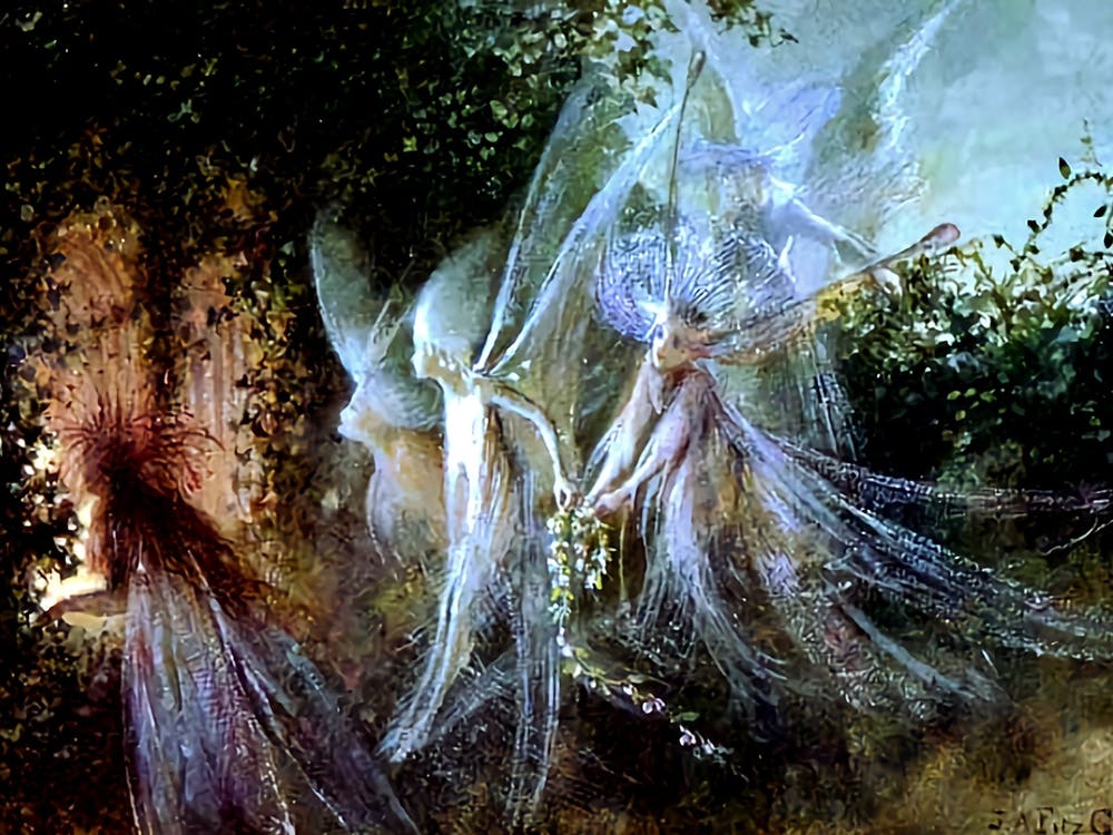 "Fairy Passage" 1865 - Fairies Looking Through a Gothic Window by British 'Dark Fairytale' Painter John Anster Fitzgerald (1819-1906) Fairies Glen Fairycore Antique Ancient Vintage Fairycore Witchcore Sprite Famous Beautiful Remastered High Definition