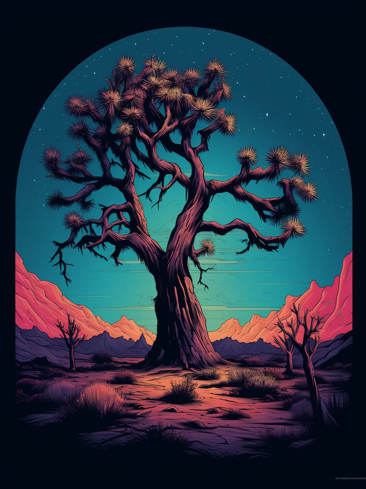 Retro Illustration Of A Joshua Tree At Night In Grand 2