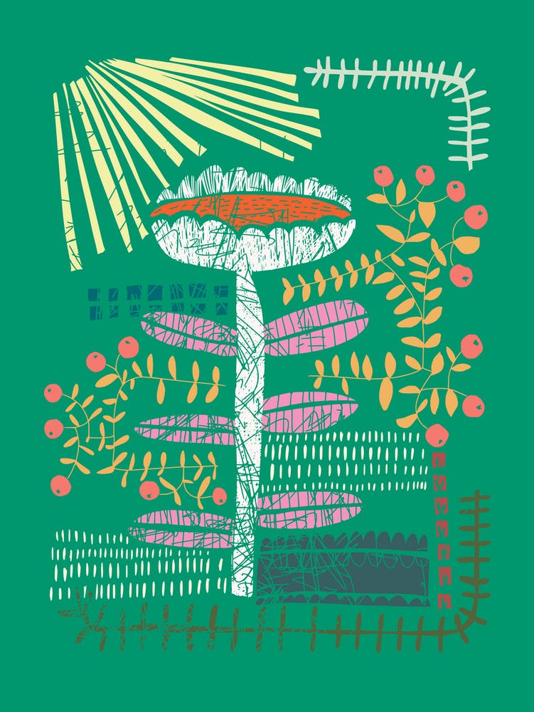 Block print bold flower green