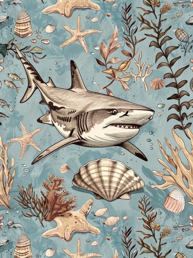 Pastel Blue Bull Shark Watercolour Seascape Pattern 1