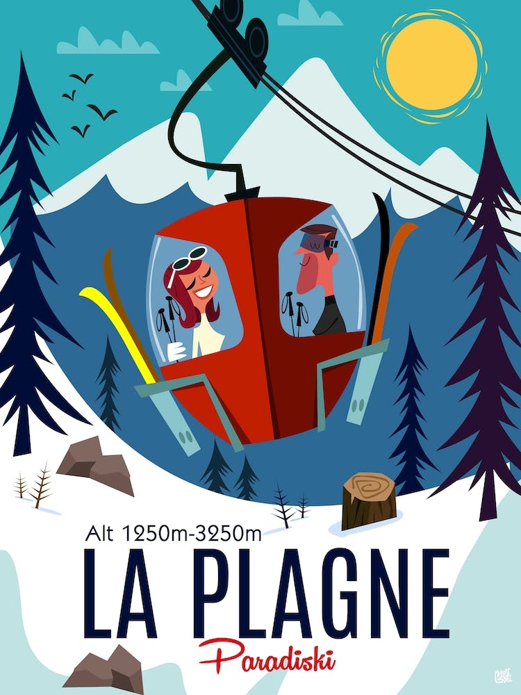 La Plagne Cable Car Poster Blue & White