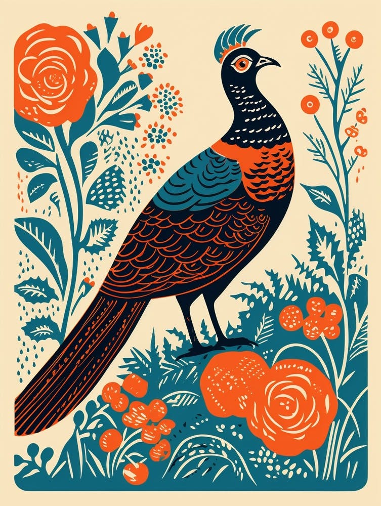 Vintage Bird Linocut Pheasant 5