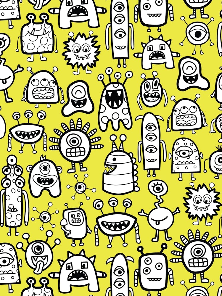 Happy Funky Monsters and Aliens Black and White on Yellow Kids