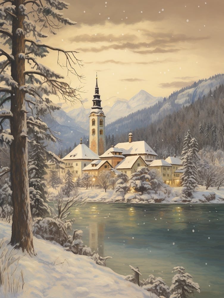 Vintage Winter Illustration Lake Bled Slovenia 1
