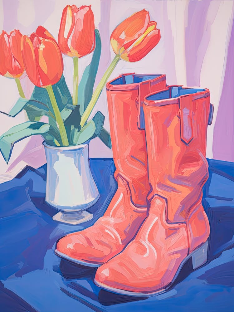 A Painting Of Cowboy Boots With Tulips Flowers, Fauvist Style, Still Life 2