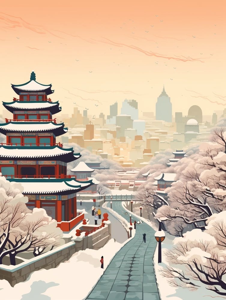 Vintage Winter Travel Illustration Beijing China 2