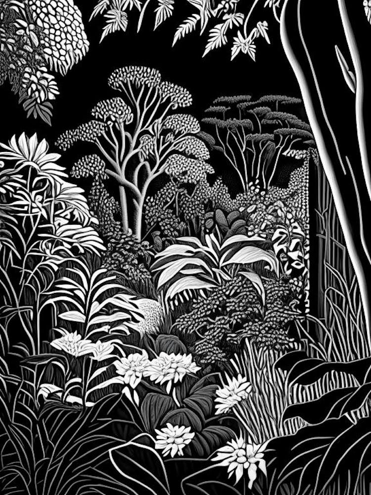 Smith College Botanic Garden, Usa Linocut Black And White Vintage