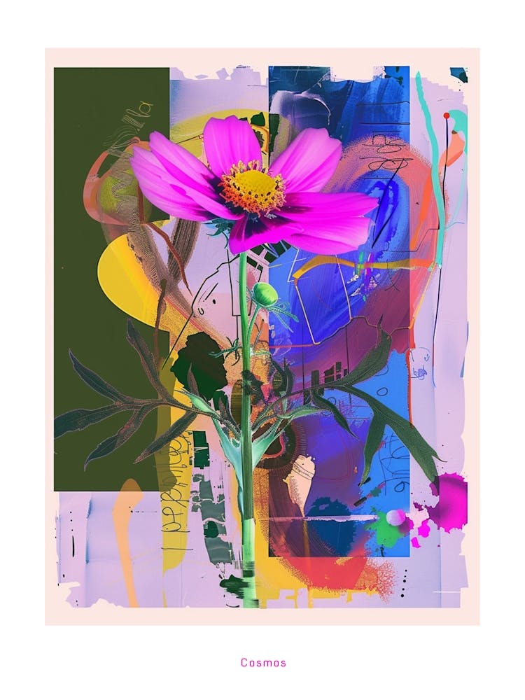 Cosmos 1 Neon Blumen Collage Poster
