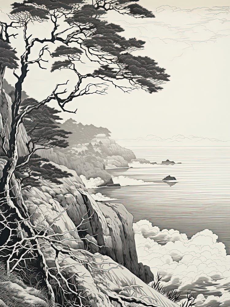 San In Coast In Tottori,, Ukiyo E Black And White Line Art Drawing 4