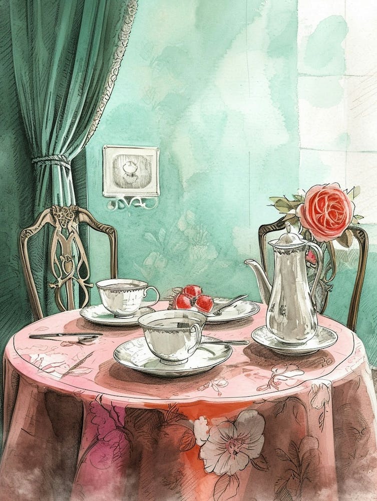 Watercolour Afternoon Tea Line Illustration 1