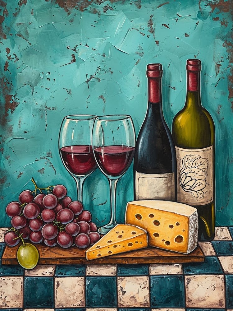 Wine Cheese & Grapes Blue Checkerboard 3