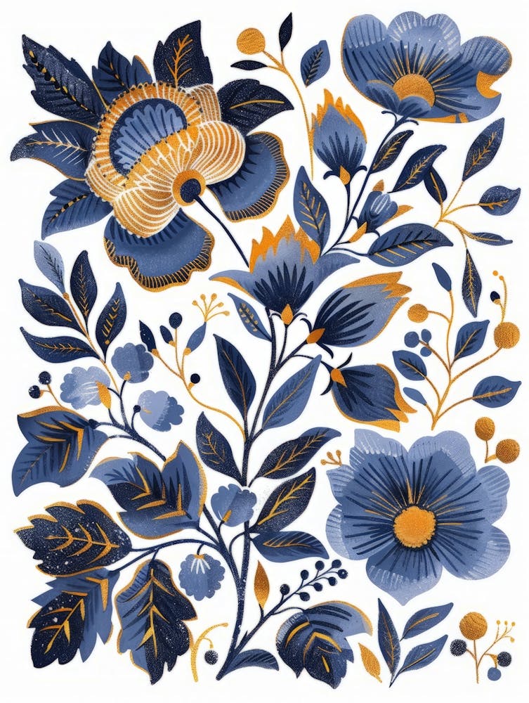 Blue And Gold Floral Print