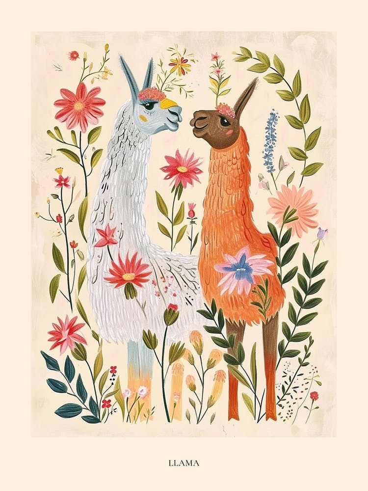 Folklore Blumen Tierzeichnung Lama 4 Poster