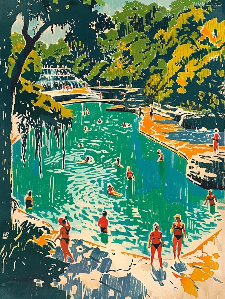 Barton Springs Pool Austin Texas Colourful Blockprint 1