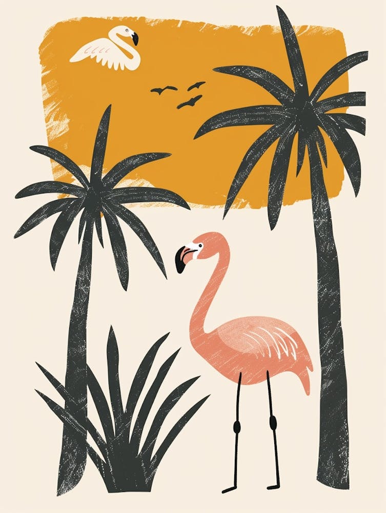 Andean Flamingo And Palm Trees Minimalist Illustration 3