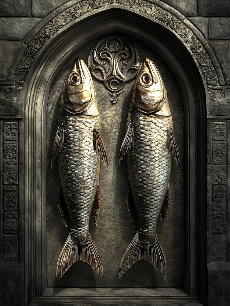 Zwei Fische In Einer Steinmauer