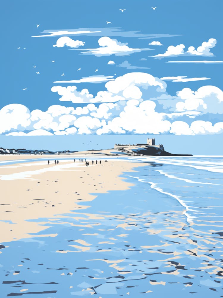 Linocut Of Bamburgh Beach Northumberland 4