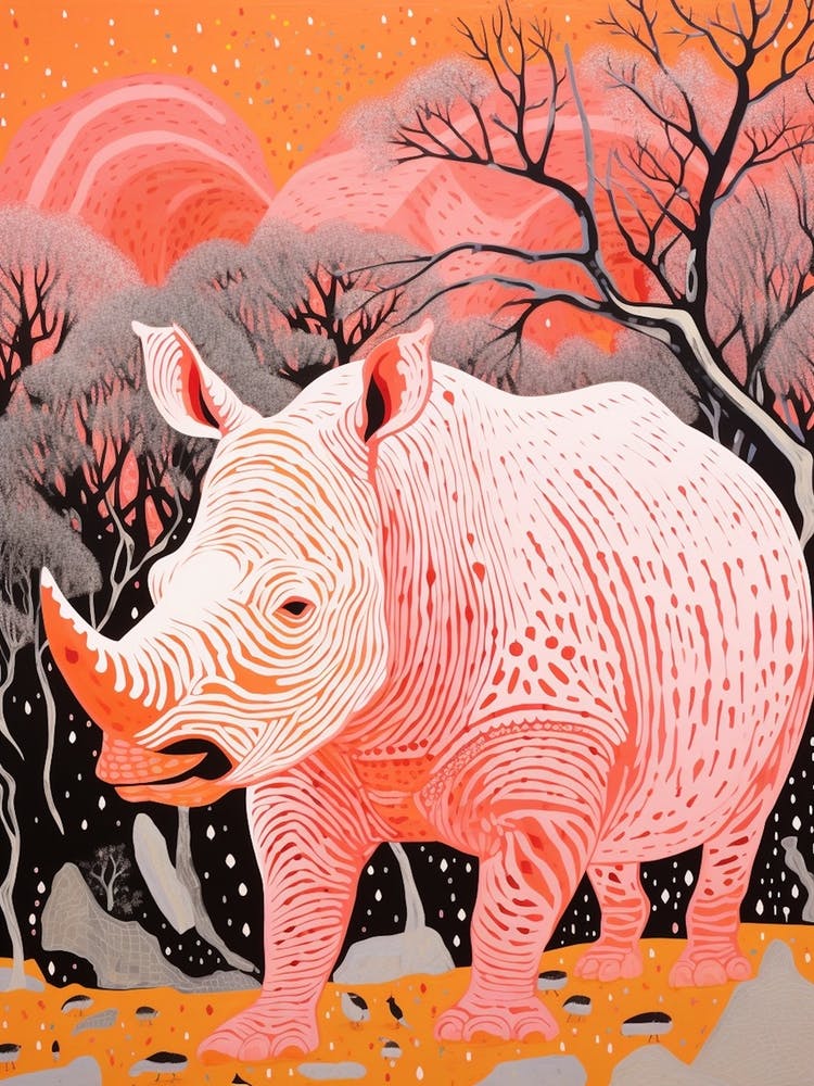 Rhino In The Wild Pink & Orange Geometric 1