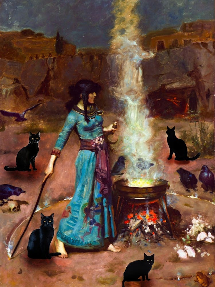 The Magic Circle Witches Art With Added Black Cats for Witchy Feature Wall - John William Waterhouse Antique Famous Funny Cat Witch