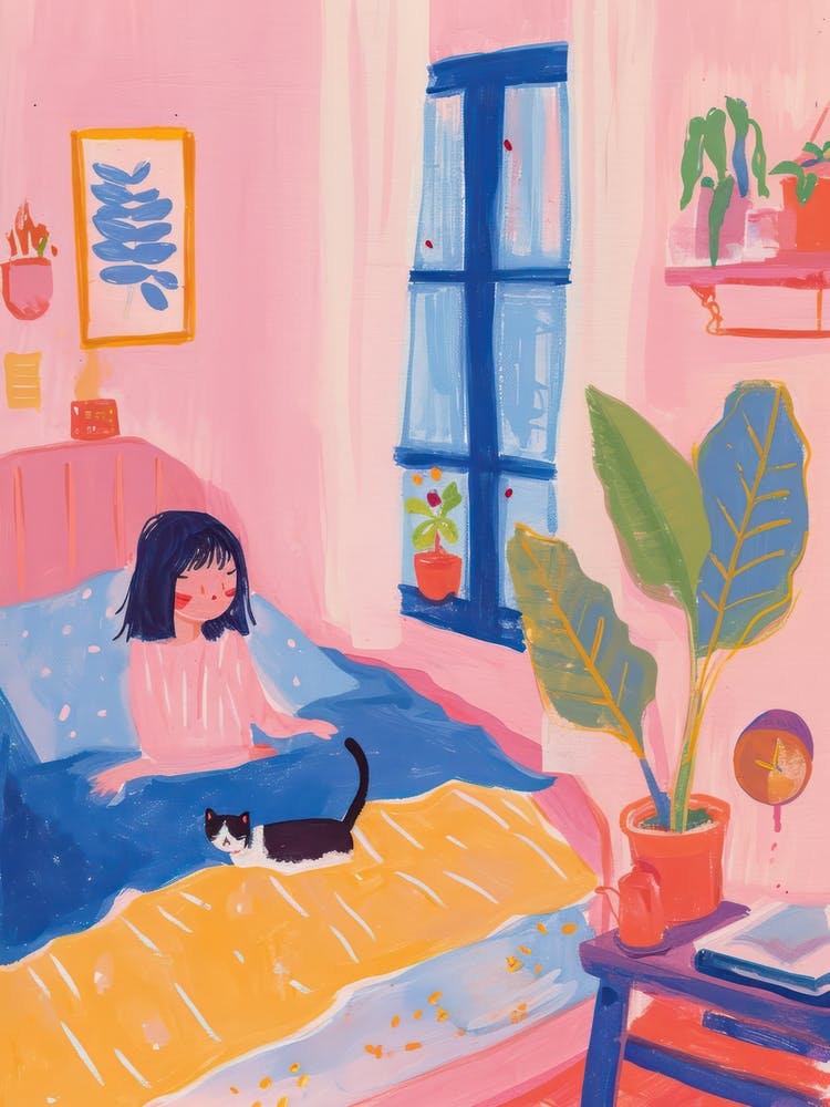 Girl Sleeping With Cats Tv Lo Fi Kawaii Illustration 2