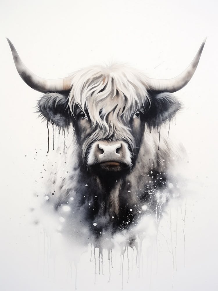 Neutral Watercolour Portrait Of Highland Cow 2