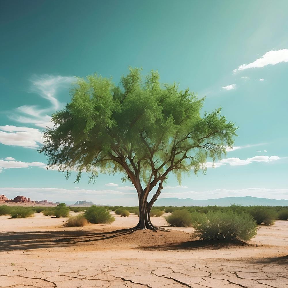 A Thriving Green Tree In The Middle Of A Dry Desert