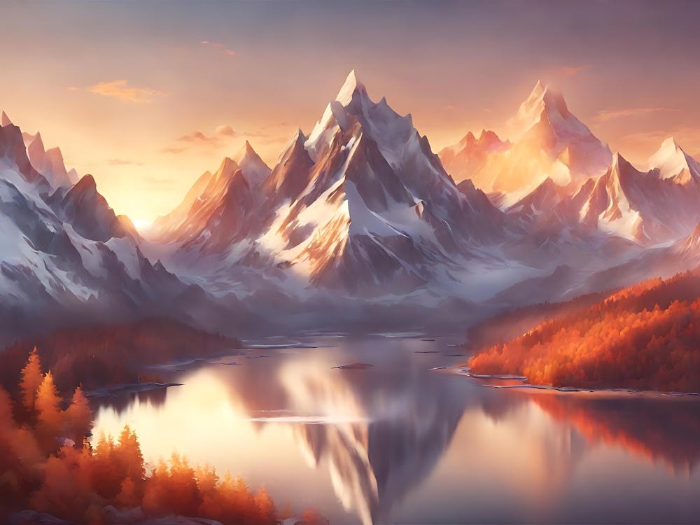 Realistic Towering Snow Capped Mountains, Sunrise, Warm Colors, Lake In The Foreground, Bird S Eye View 