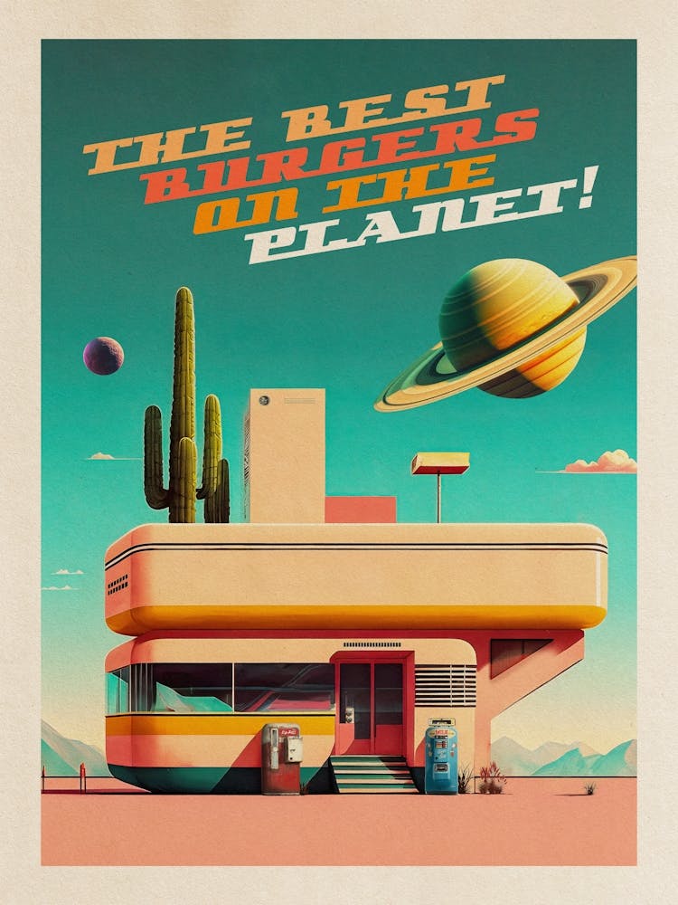 The Best Burgers on the Planet! — Vintage retro space poster, retrofuturism poster, retro space, propaganda poster