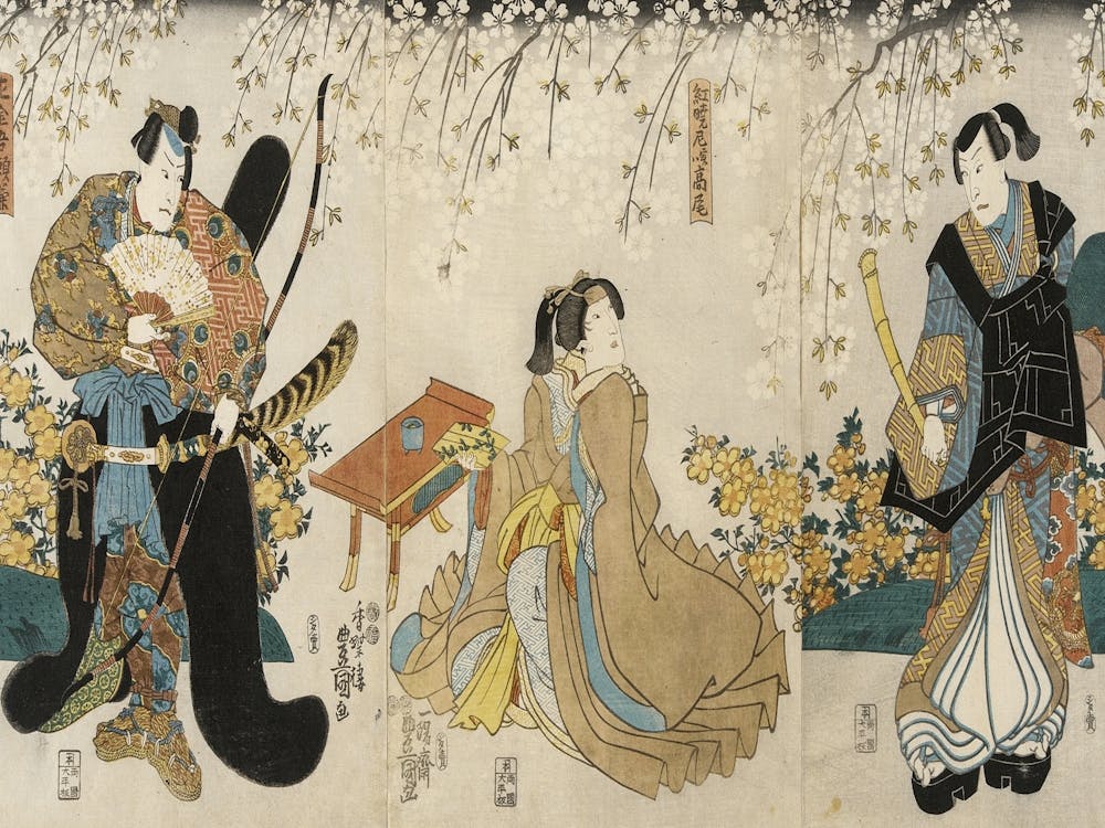 Actors In The Roles Of Shimada Shigesaburō, Kugyō Ama Jitsuwa Takao And Sakingo Yorikane Under Cherry