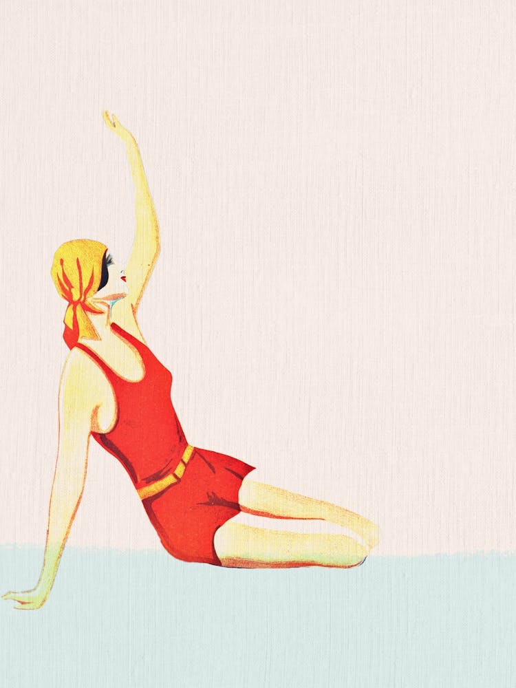 Retro 1920er 1930er Flapper am Strand Vintage Kunstwerk in Pastellrosa