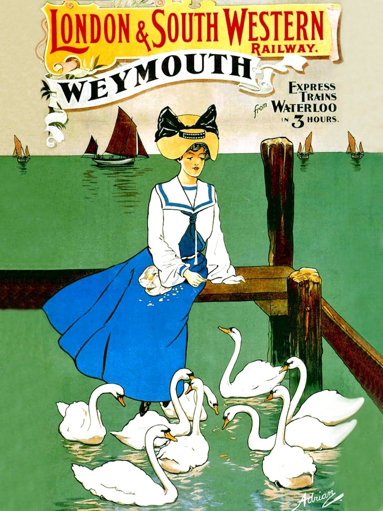 Weymouth, London and Southwestern Railway, Lady With Swans, Great Britain, Vintage Poster